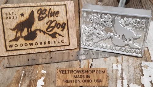 Wood burning custom logo stamp with blue dog woodworks design